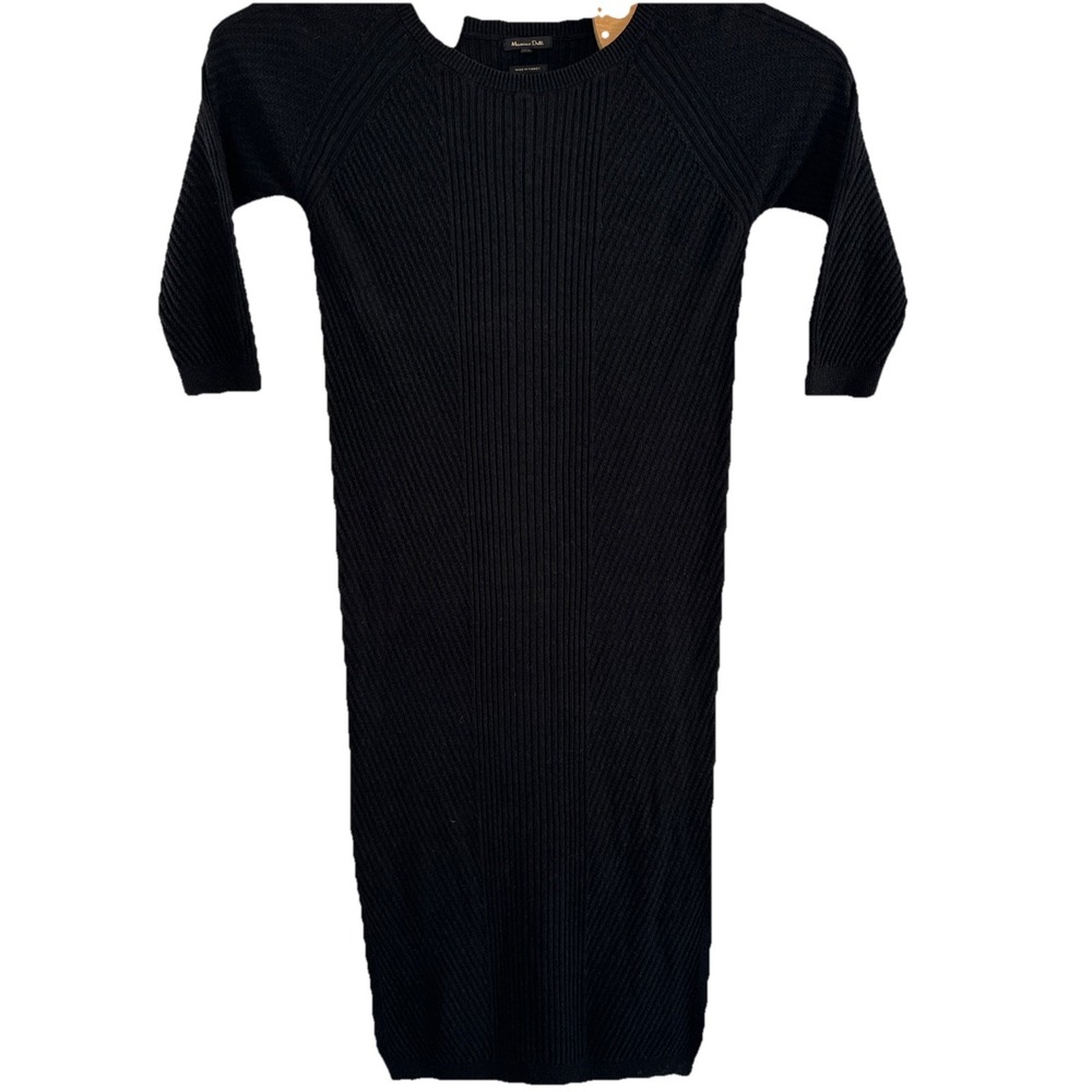 Massimo Dutti Black Knit Maxi Ribbed 3/4 Sleeve Sweater Dress X-Small